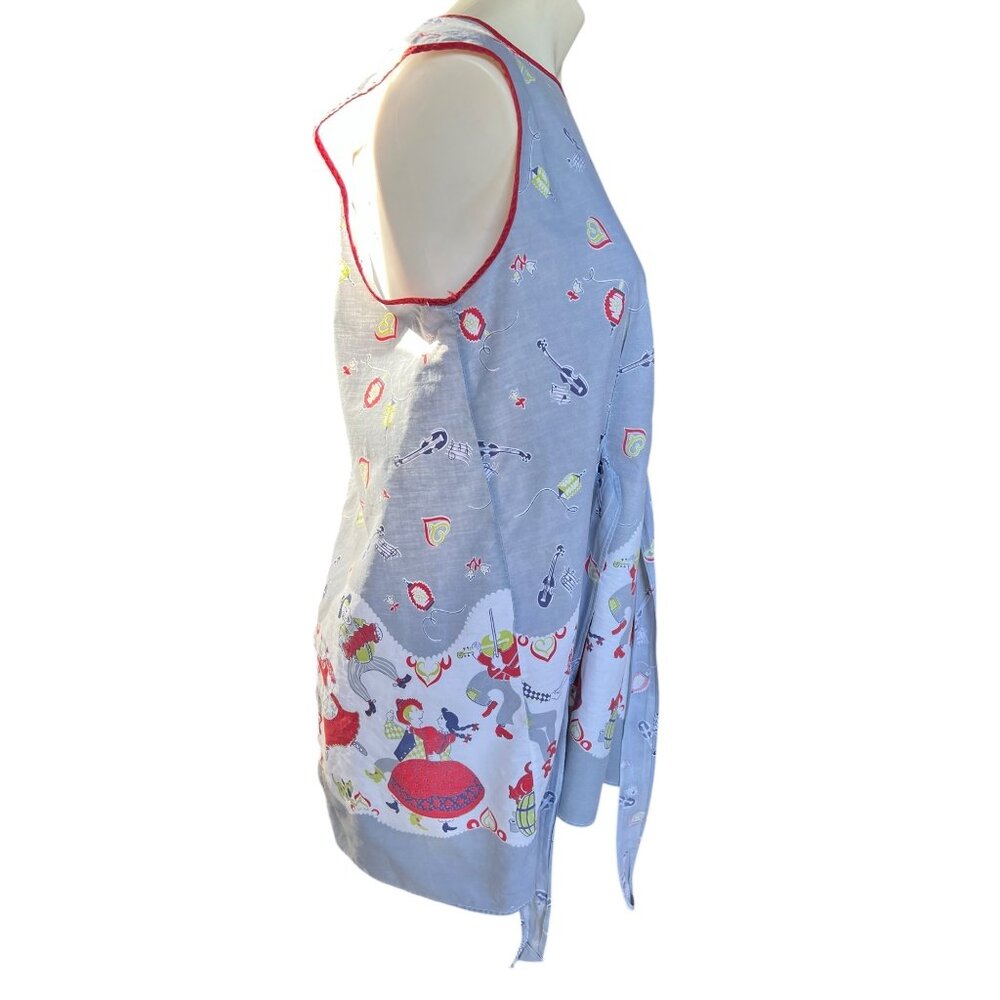 950s Cotton Apron With Folk Art Italian Style Dance Music Print  Red Trim VTG - Picture 7 of 16